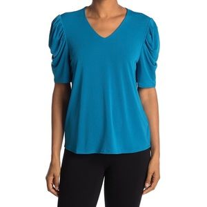 Adrianna Papell V-Neck Puff Shoulder Moss Crepe Top